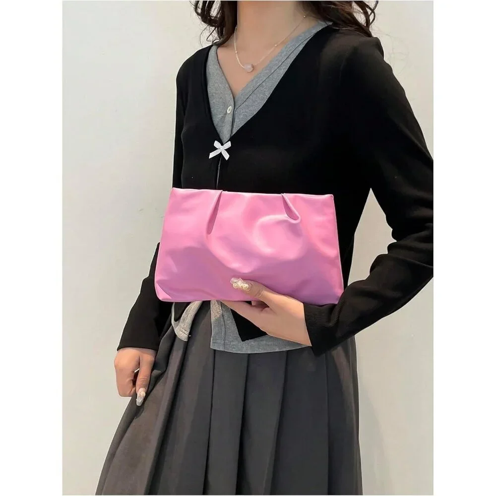 Women's Pink PU Leather Small Zipper Ruched Minimalist Smooth Casual Handbag